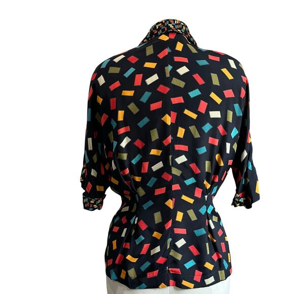 VTG Carole Little Black Multi colored Confetti Abstract Button Up Blouse Sz 4 - Picture 3 of 8